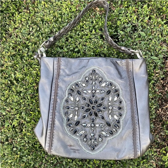 BRIGHTON Anju Anjulina Beaded Pewter Supple Leather Bucket‎ Hobo Purse Bag